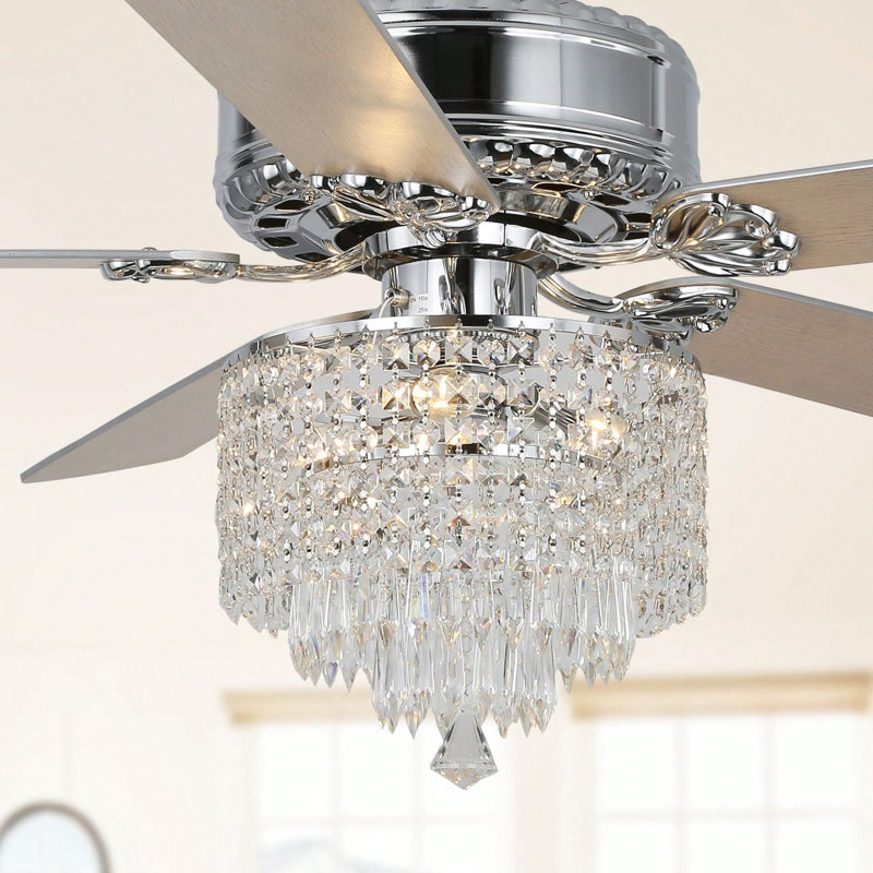 Ventilateur de plafond moderne en cristal de 52 pouces avec lumières et télécommande, 5 ventilateurs de plafond réversibles à deux pales pour salle à manger