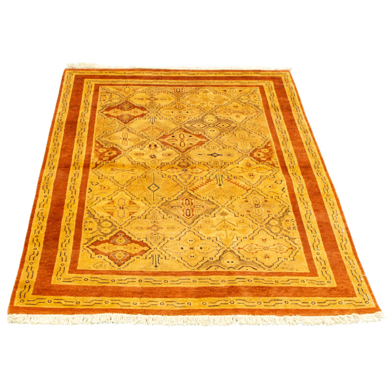 Tapis décoratif en laine noué à la main de conception unique noué à la main new age de style persan 18/20 jaune 4 pi 3 po x 6 pi