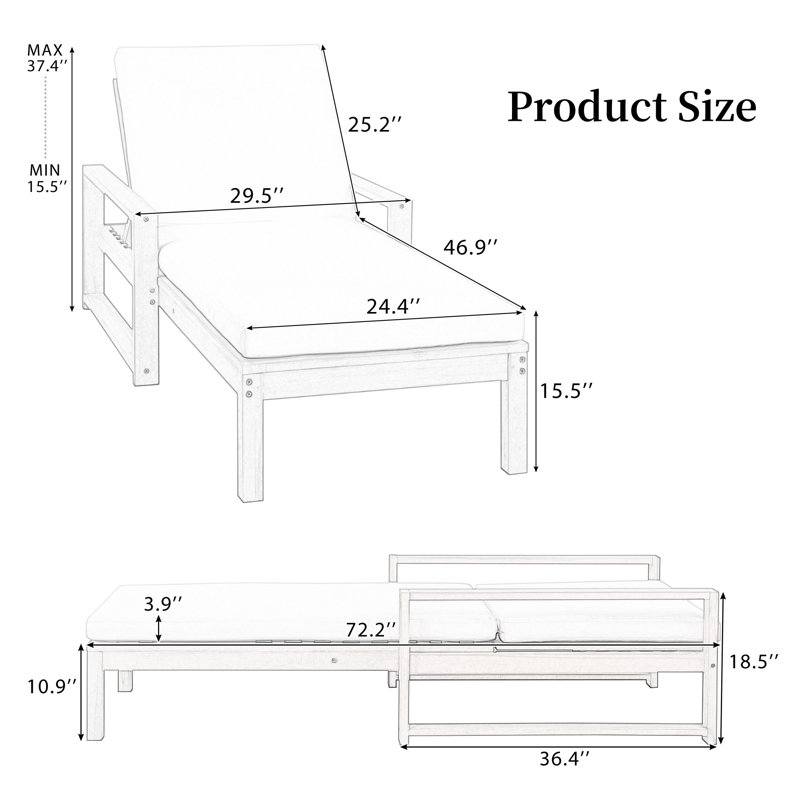 Outdoor Lounge Chair With Cushions And Adjustable Backrest Patio Lounger , Gray, 1