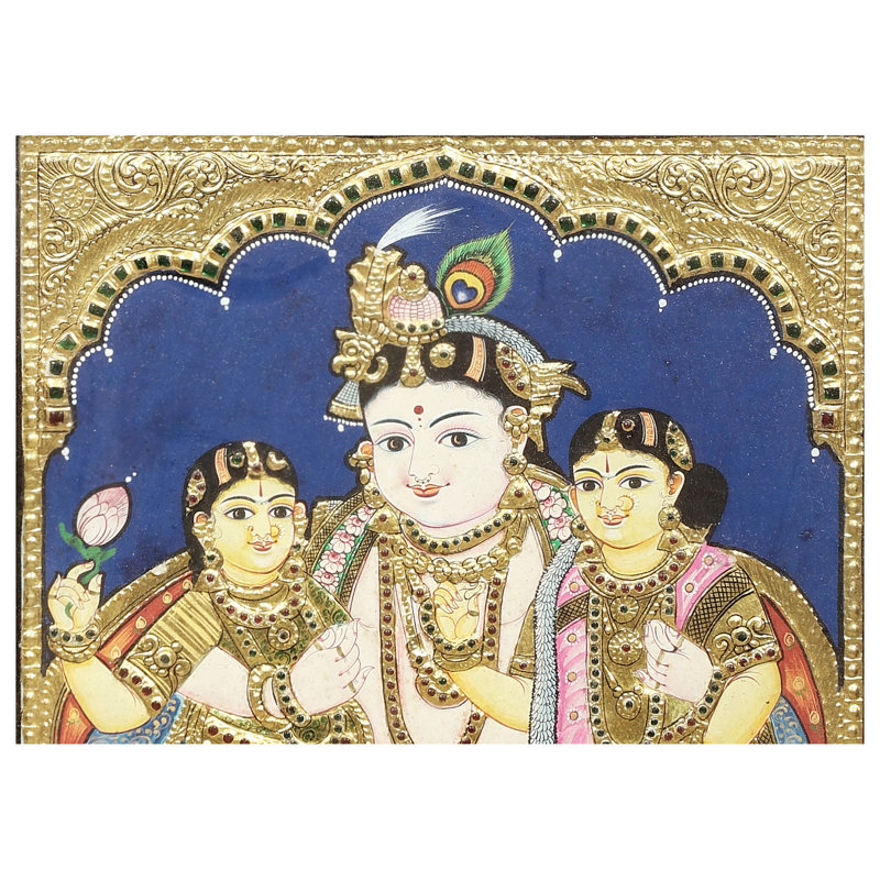 Satyabhama Rukmani avec Krishna Tanjore, peinture | Couleurs traditionnelles avec or 24 carats | Structure en bois de teck