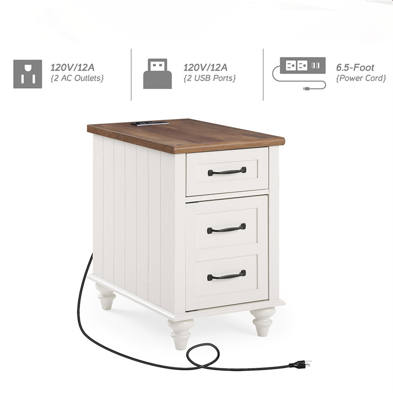 Modern Nightstand With Charging Station & Open Shelf, Off White