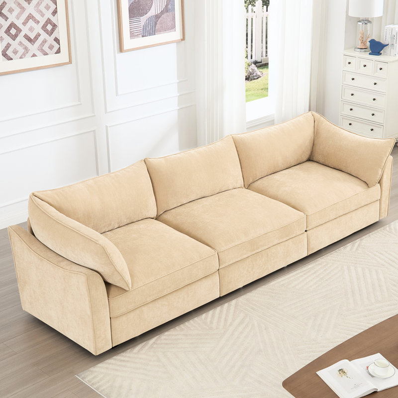 3 avec coussins de dossier et d'accoudoirs enveloppants, rangement escamotable, chenille, croissant pour décor intérieur moderne en teinte de blé, repose-pieds de rangement dissimulé, Nordic Home