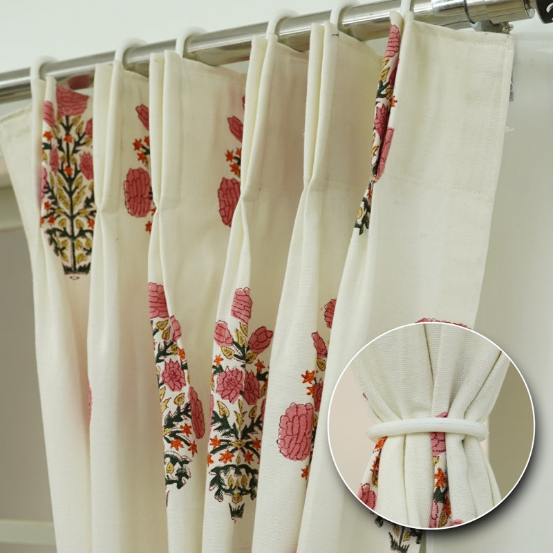 Fabdivine Thick Cotton White Soft, Chic 27x72 Inches Floral Handmade Block Print Pink and Brown, Pleated Curtains Perfect for Window Treatments 2 Panel Set Elegant 100% Blackout Drapes, Swadesh