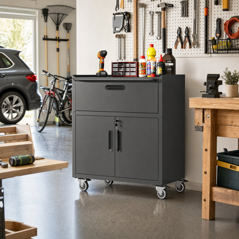 34.65" Heavy-Duty Rolling Metal Storage Cabinet with Drawer & Locking Doors, 320 lb Mobile Security Cabinet with Adjustable Shelf, Raised Top Fence & Lockable Casters for Garage, Workshop & Office, Black/Gray