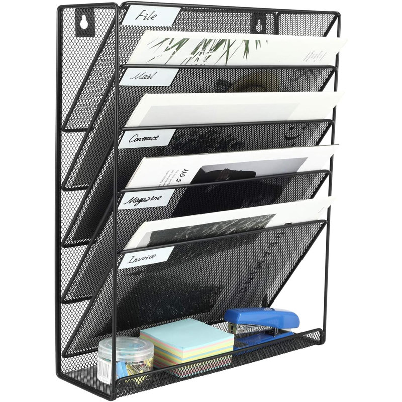 Wall File Holder 5 Tier Vertical Hanging File Organizer Wall Mount Paper Folder Rack With Bottom Flat Tray For Office And Home,Black
