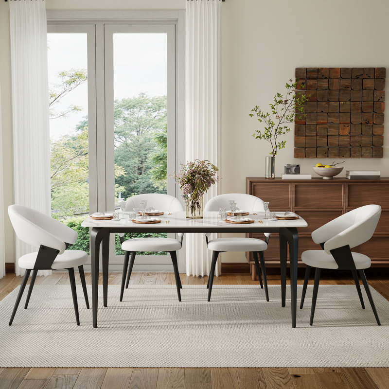 Yianna Modern Stone Dining Table for Modern Kitchen Living Room, Home and Office, Black, 29.53"H x 63"L x 35.5"W, White