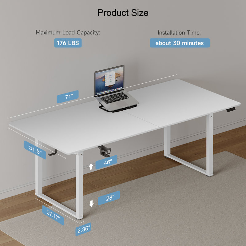 Dejanai Adjustable Metal Base Standing Desk with Power Outlet, White, 46" H x 71" W x 31.5" D