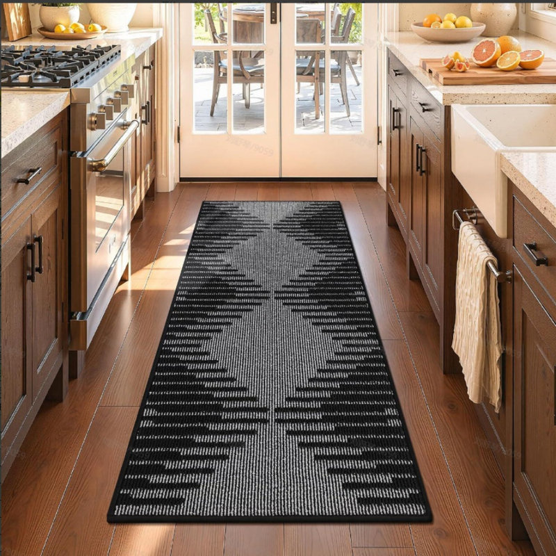 Tapis de cuisine géométriques antidérapants et lavables (ensemble de 3), Noir, beige, géométrique