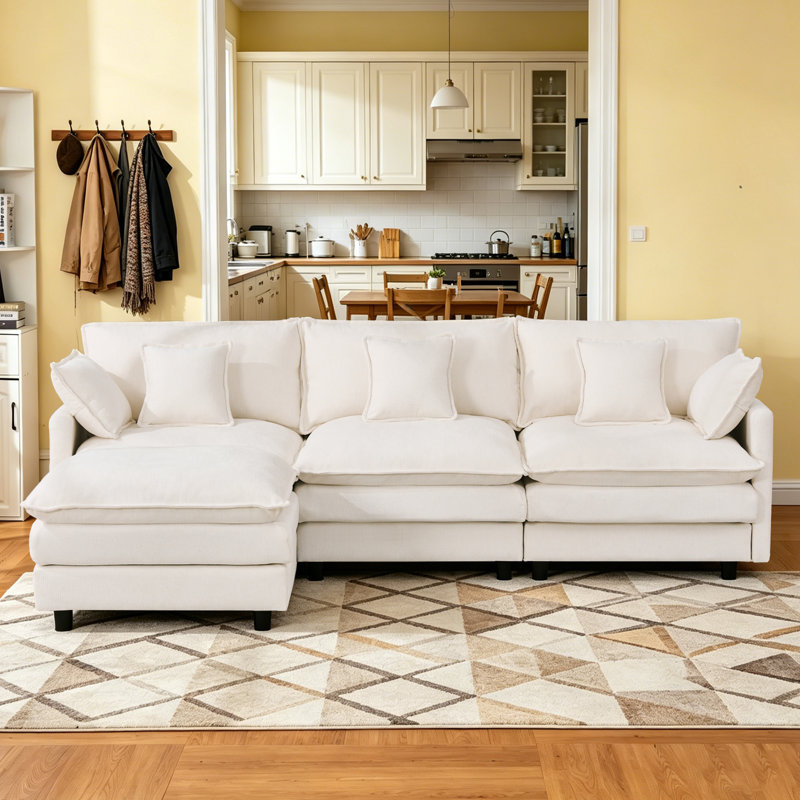 Beige Chenille Modular Sectional Sofa, Double Layer Support Couch with 5 Pillows & Side Storage Pocket,Movable Ottoman, White