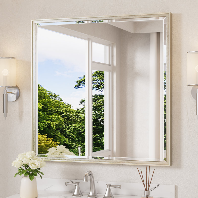  Square Beveled Bathroom Vanity Mirror with Aluminum Frame Accent Mirror Tempered Glass Decorative Mirror, 36" x 36"