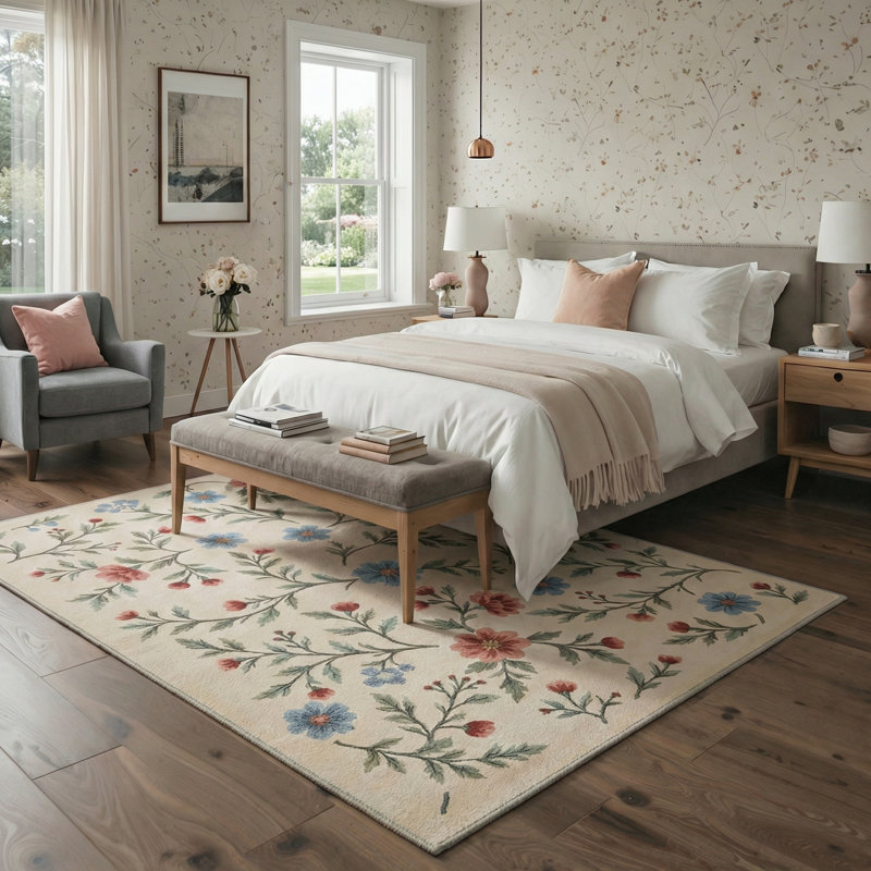 Aura Floral Machine Washable Beige / Blue / Red Indoor Area Rug with Non-Slip Backing, Rectangle 5' x 7'