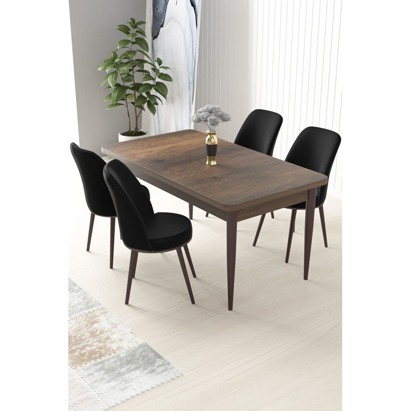 Ensemble de table et chaises de salle à manger moderne 5 pièces, baroque et noir | Table en carton 100% enduit de mélamine, table: 43,3 po x 29,9 po x 27,6 po | Pieds en métal, chaises en tissu Jerry, dossier en mousse à 22 compartiments et siège en mousse à 28 garnitures | Conception élégante et durable