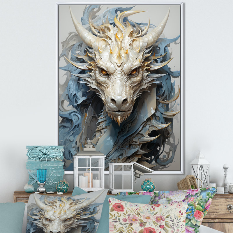 «Epic Blue and Gray Dragon Odyssey III», reproduction sur toile, Cadre flottant blanc, H 32 po x l 16 po x P 1 po