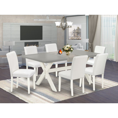 7 Piece Dining Table Set Consist of a Rectangle Dining Room Table with X-Legs and 6 White Faux Leather Upholstered Chairs, linen white