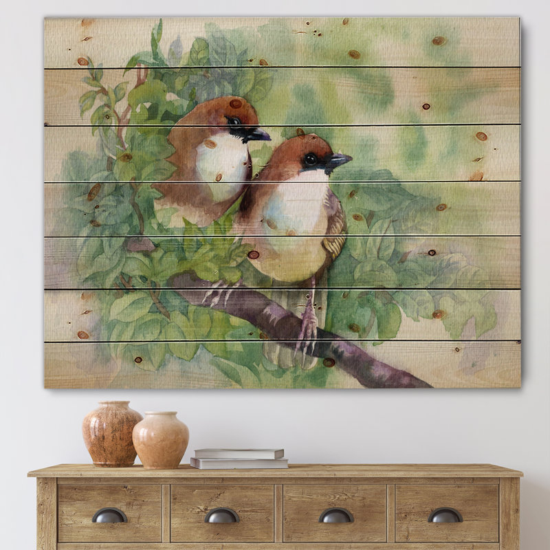 Oiseaux du printemps - Impression traditionnelle sur bois de pin naturel, H 30 po x l 40 po x P 0,78 po
