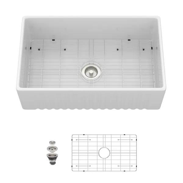 Porcelain Apron Front Farmhouse Sink - Single Bowl Ceramic Kitchen Basin