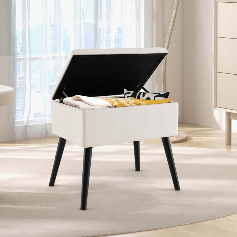 2 Pcs Velvet Vanity Stool Ottoman With Storage Solid Wood Legs Flip-up Top, Beige