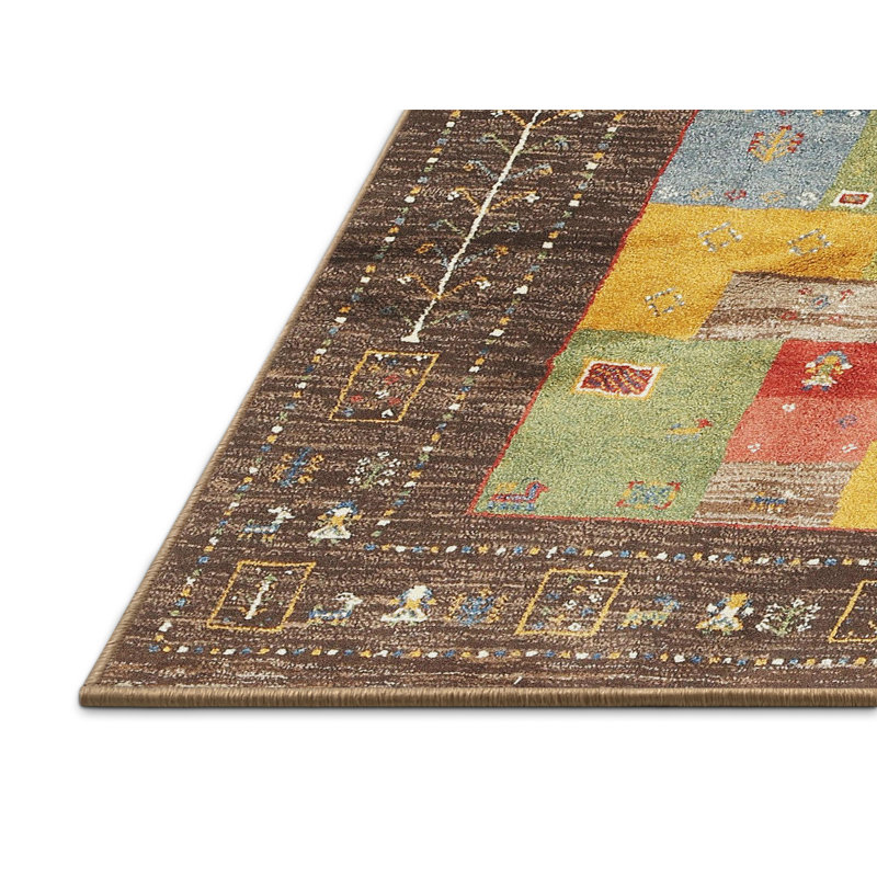 Tapis contemporain rouge / vert / brun, Rectangle 5 pi x 7 pi
