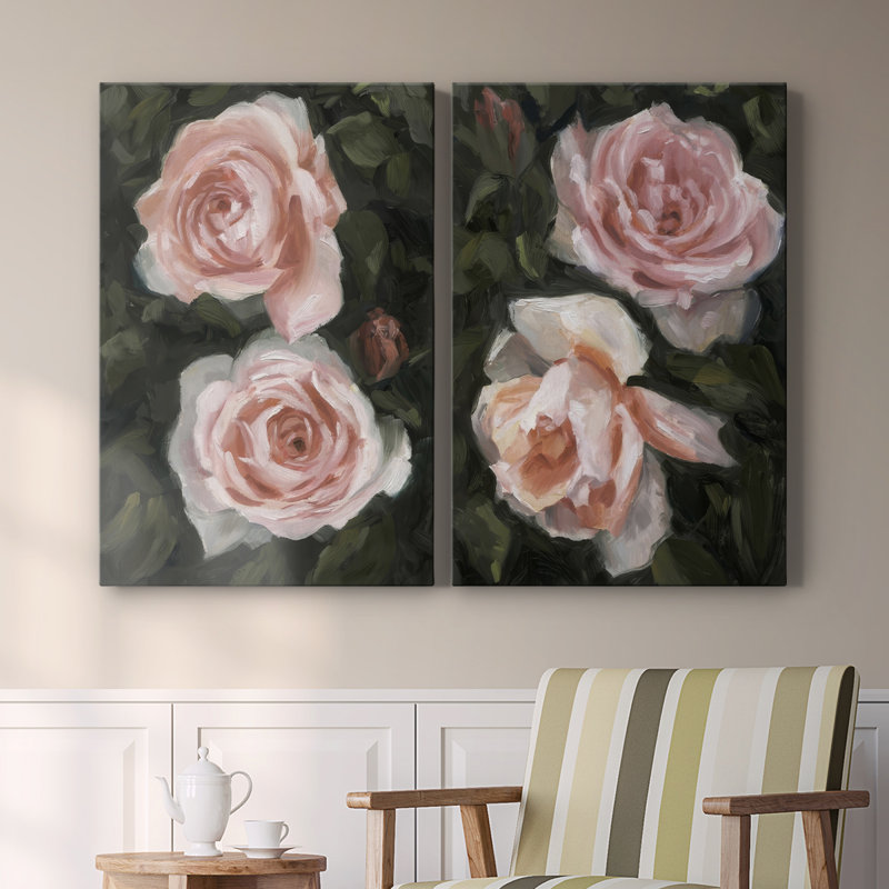 Peachy Roses I - Toile tendue avec châssis de qualité supérieure - Prêt à accrocher, H 27 po x l 18 po