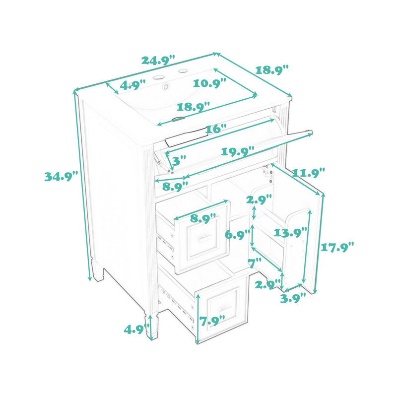 Meuble-lavabo avec lavabo, tiroir rabattable et tablette réglable, Bois
