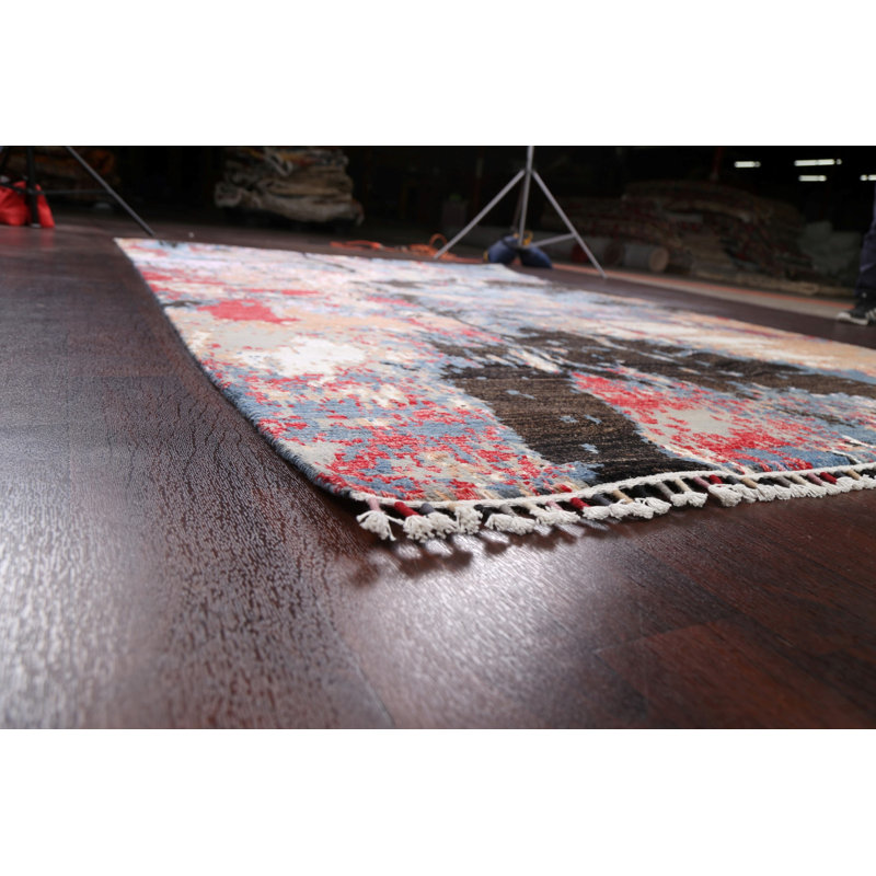 Tapis bleu / brun / noir nouvel âge en laine noué à la main de conception unique 6 pi 2 po x 9 pi 6 po