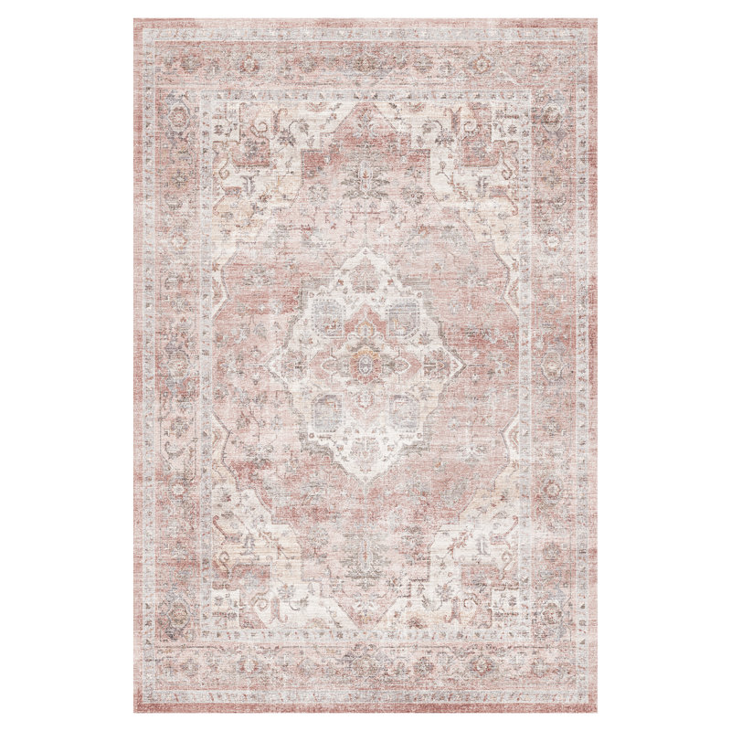 Tapis oriental lavable à la machine rose rétro pour le salon, la chambre à coucher, Rose / ivoire / gris