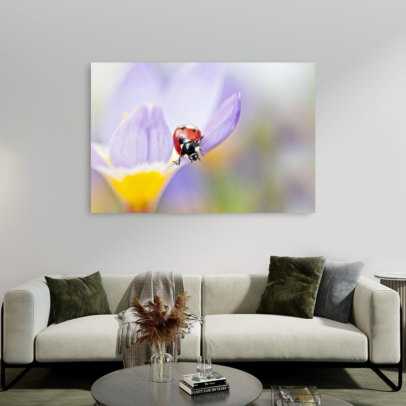 Red Ladybug On Crocus Bloom Delicate Peaceful Serene Ladybug Flower Nature Wall Art Print 1 Piece Wrapped Canvas Wall Art