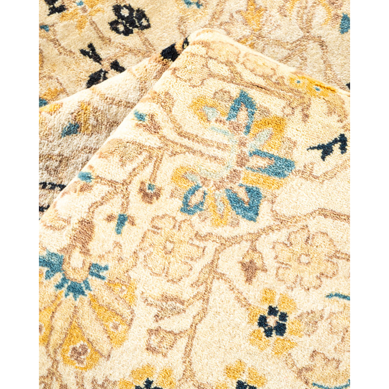Tapis ivoire / bleu marine noué à la main de conception unique 6 pi 1 po x 8 pi 10 po Keller