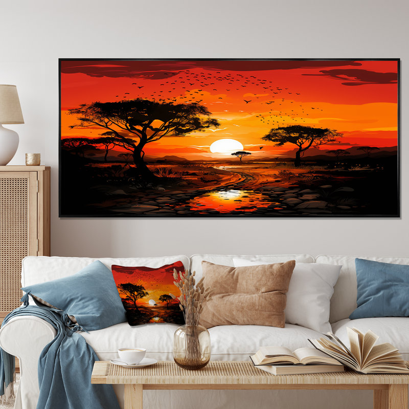 Arbre africain, safari au coucher du soleil - art mural Baobab, Cadre flottant noir, H 28 po x l 60 po x P 1,5 po