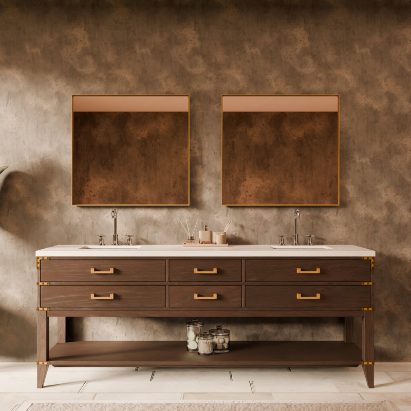 84" Double Bathroom Vanity Set, Brown Oak, White Cultured Marble