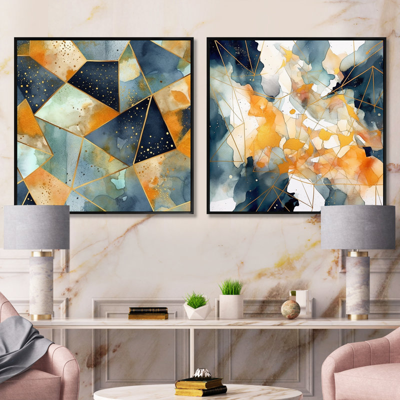 «Blue Yellow Asymmetric Marble Shapes» 2 pièces, Cadre noir, H 16 po x l 33 po