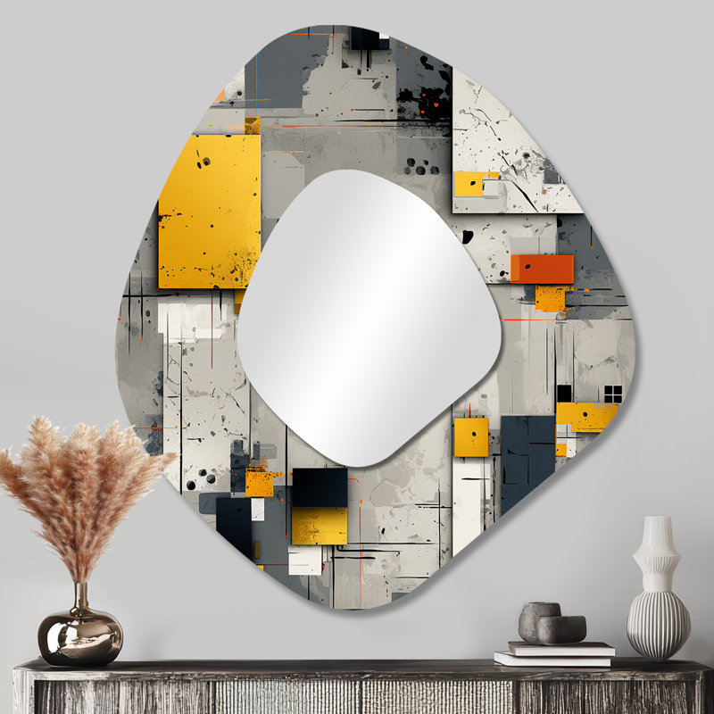 Grey Cubic Striped Wall Pattern I - Striped Irregular Shape Mirror, Yellow Asymmetrical Unique Wall Mirror, Printed Metal Art