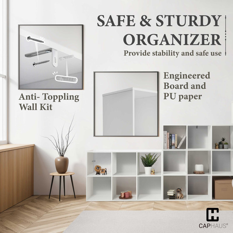 8-Cube Storage Organizer Shelf, Home Storage Shelf Divider w/ Back, 11-Inch Storage Bookcase, White , 8 Cube, White