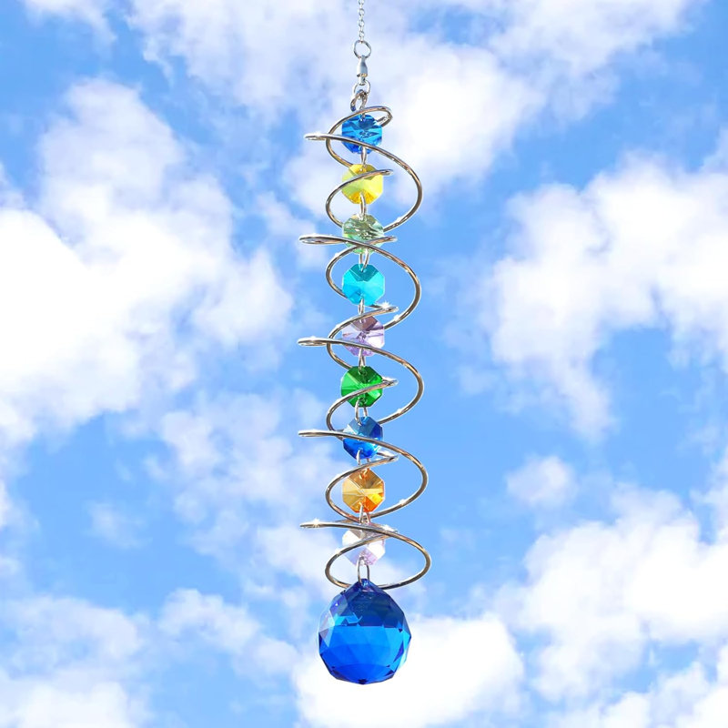 Tourne-vent en cristal 18,5 "- prismes colorés et boule de regard bleue, décoration suspendue pour fenêtre / jardin