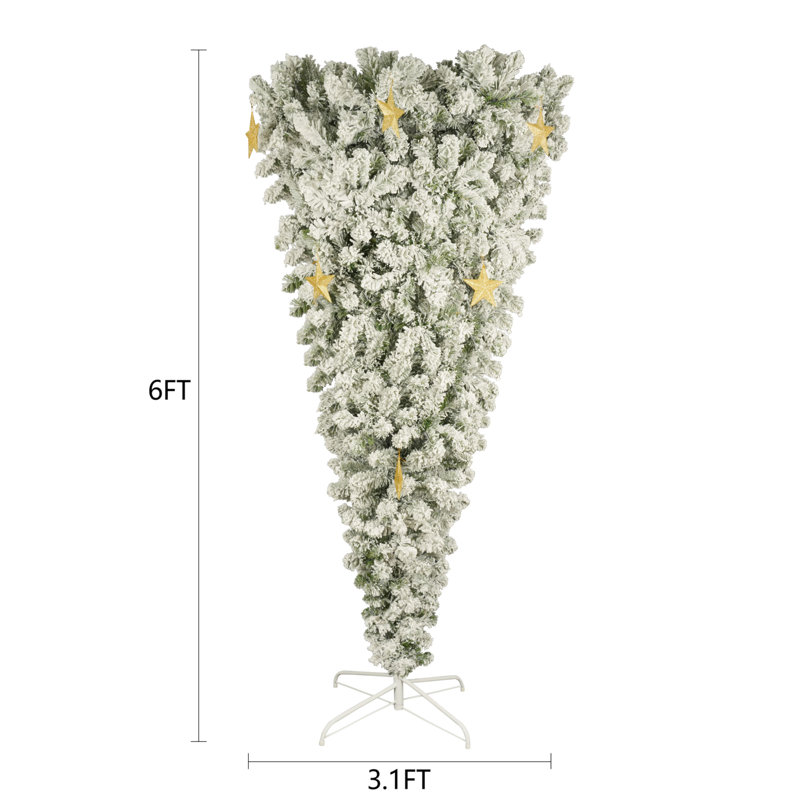 ? Décoration de Noël? Arbre de Noël à l'envers de 6 pi avec flocage blanc, 360 lumières DEL chaudes et 8 décorations en forme d'étoile dorée