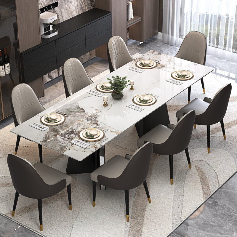Modern Faux Marble Dining Table Set With 94.5'' Extendable Rectangle Sintered Stone Tabletop With 8 Faux Leather Chairs
