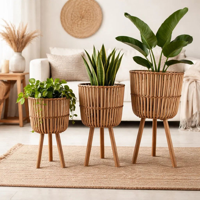 Ensemble de 3 jardinières à fleurs sur trépied, filet de bambou brun