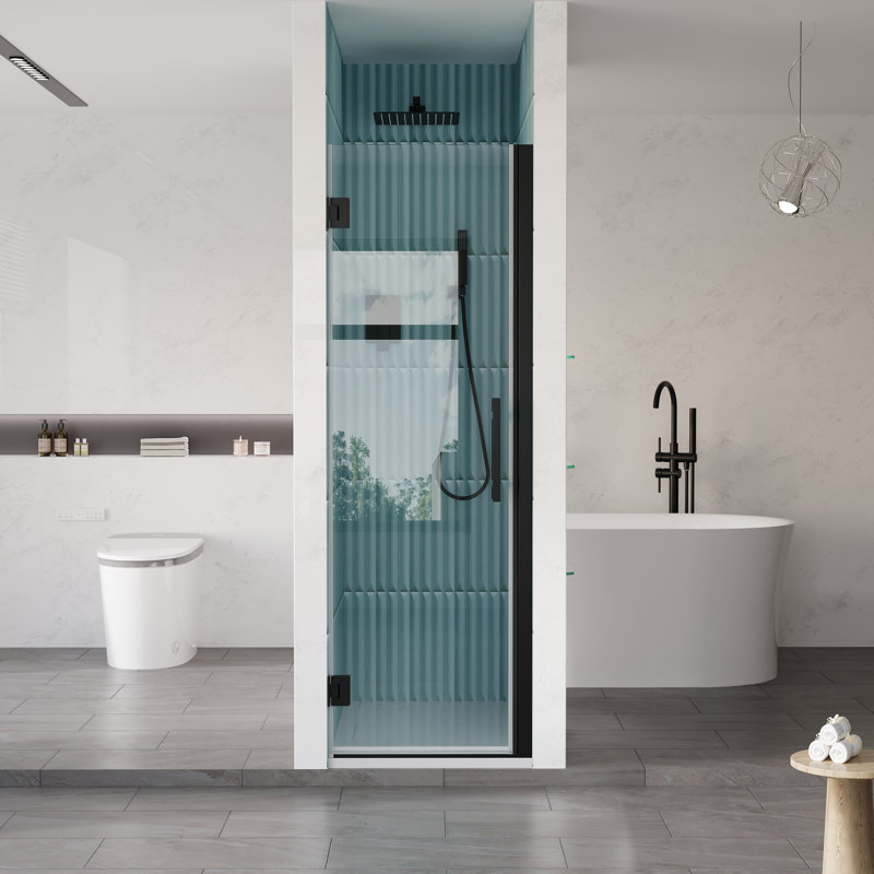 23-24 in.W x 72 in.H Hinged Frameless Shower Door with SGCC certified Tempered Glass,Matte Black, Matte Black