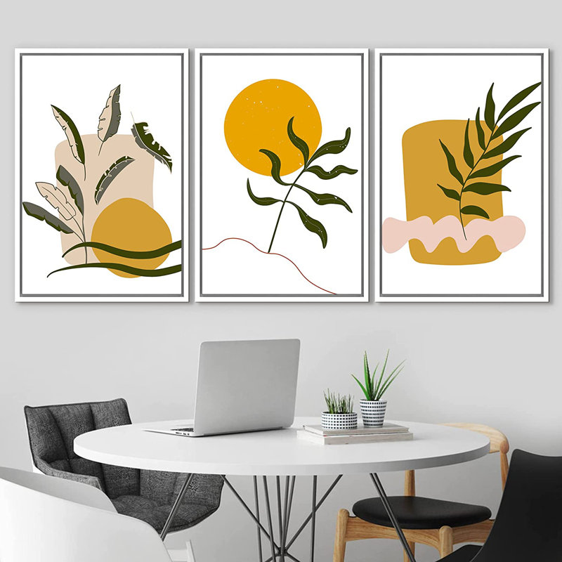 «Mid Century Shape Abstract Shapes Botanical Plant», 3 pièces, cadre flottant, impression sur toile, Blanc