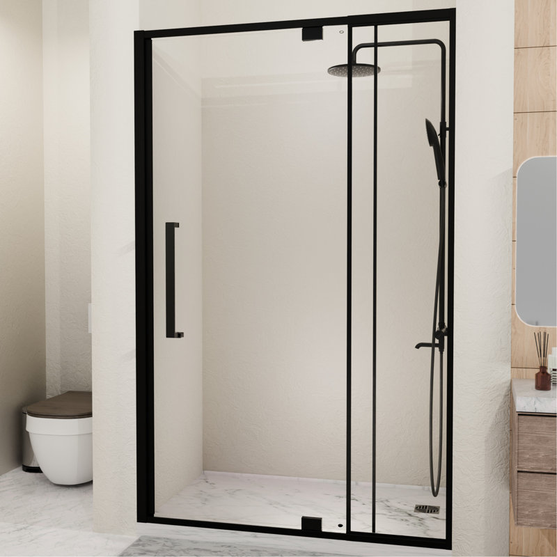 Porte de douche semi - pivotante en verre 44 48 po L 72 po, 1/4 po, 6 mm trempé, noir mat, imperméable et réversible pour une installation dans la salle de bain