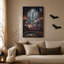 Pieuvre lisant un livre sur un canapé mauve au clair de lune, art mural d'Halloween-363242480