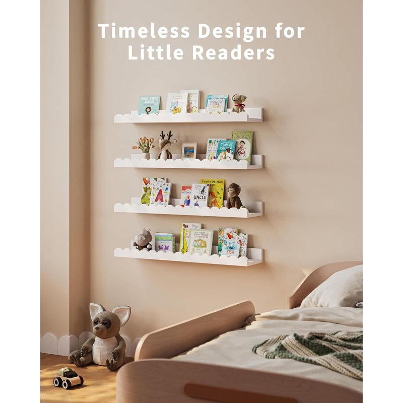 Floating Wall Bookshelves For Kids - 4-Pack Scalloped Nursery Shelves, Durable Hardwood Wall-Mounted Book Display For Toddler Room, Baby Room And Bedroom Decor