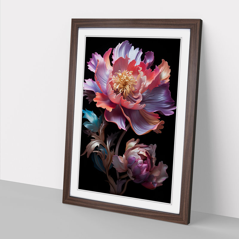 Peony Flower Neo-Plasticism No.3 - Single Picture Frame Print on Wood, Walnut Framed, 46cm H x 34cm W x 2cm D