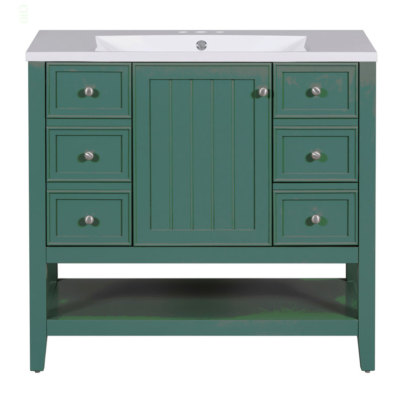Ensemble de meuble-lavabo 36 po avec lavabo, une armoire et trois tiroirs, panneau en bois massif et panneau de fibres à densité moyenne, vert