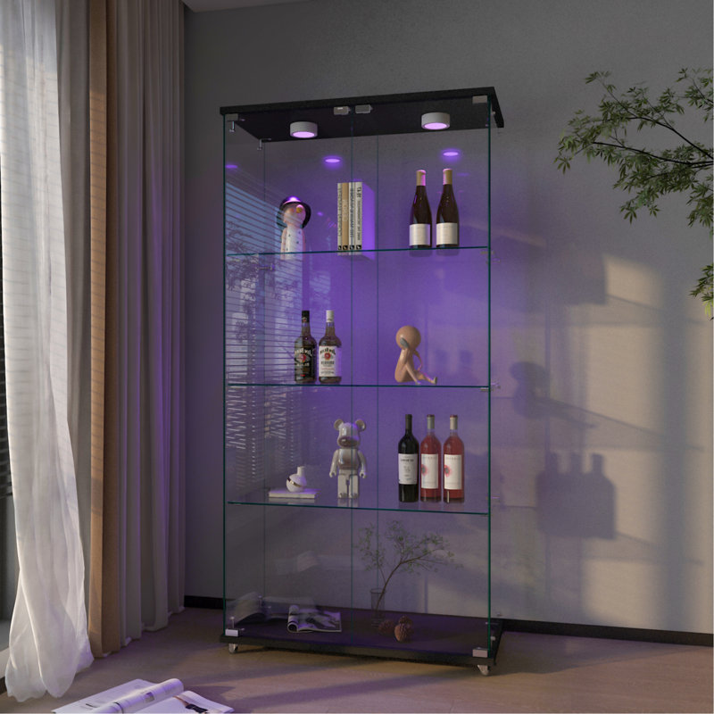 Modern Glass Display Cabinet With LED Lights, Quick-Assembly Antique Cabinet, Tempered Glass Bookshelf, Suitable For Living Room And Bedrooms, 2-Door 4-Shelf, Black