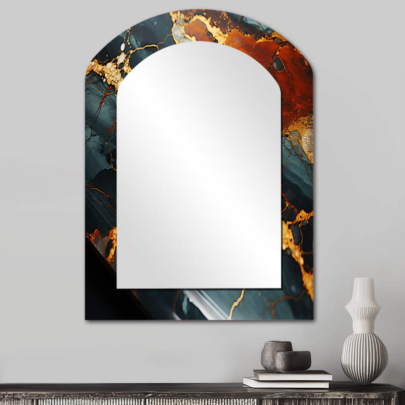 Gold and Green Serene abstract marble dream V - Marble Asymmetrical Mirror, Gold Arch Decorative Wall Mirror, Printed Metal Art