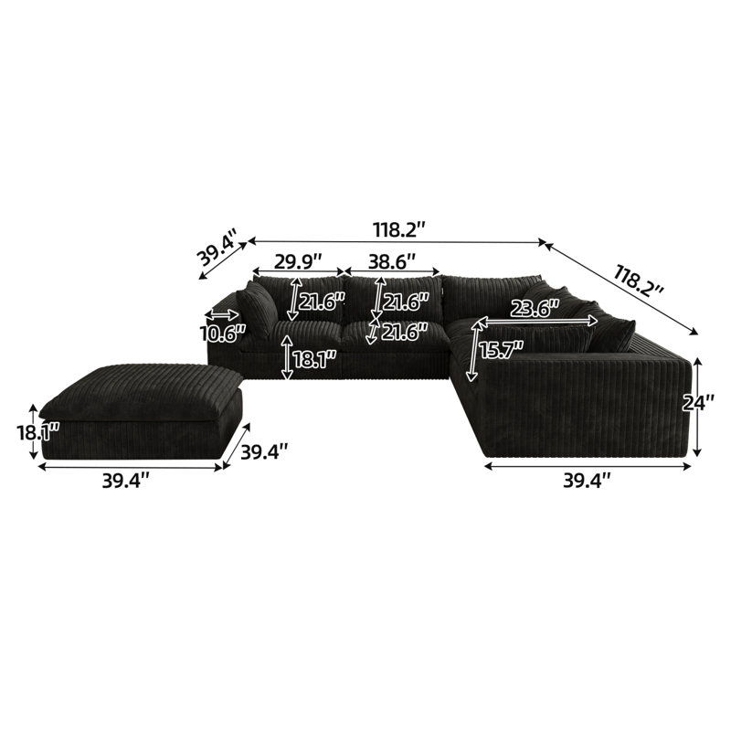 Canapé 118,2 po Cloud, assise profonde, double couche, coussin amovible, sans assemblage, conception modulaire, Noir