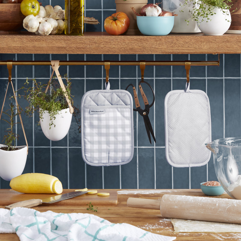 KitchenAid Gingham Pot Holder 2-Pack Set,, 7"x10", Matte Gray