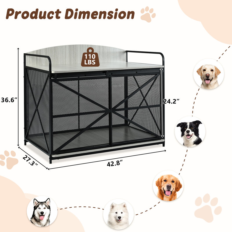 Style chenil pour chien gris - grande cage en bois pour chiens de taille moyenne, table de bout intérieure avec rangement et rangement coulissant pour meubles exclusifs, porte, convient aux chiens