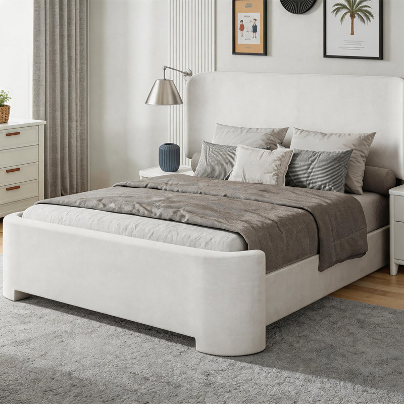 Structure de lit plateforme moderne en velours courbé avec tête de lit arrondie, aucun sommier requis, Full , White